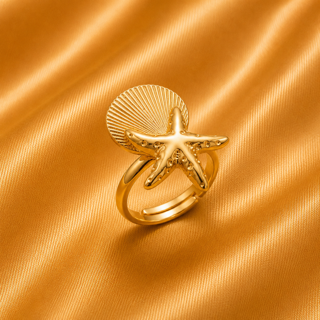Starfish and Shell Adjustable Gold Ring
