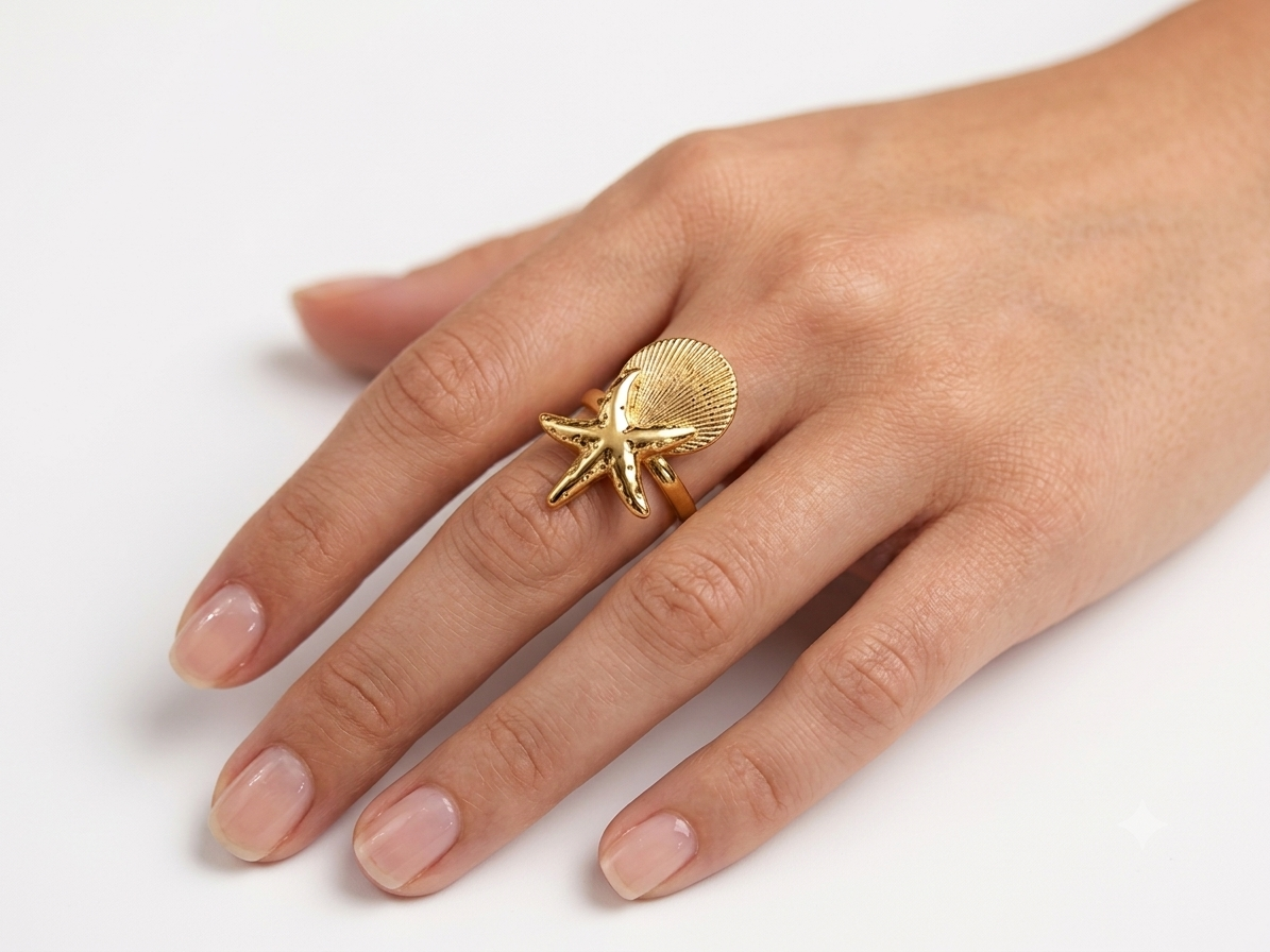Starfish and Shell Adjustable Gold Ring