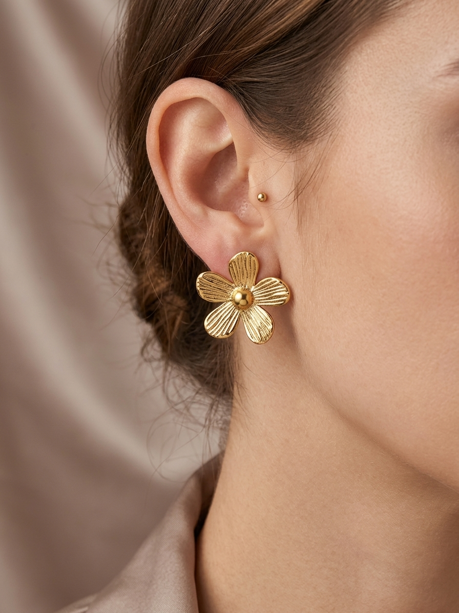 Textured Gold Floral Stud Earring