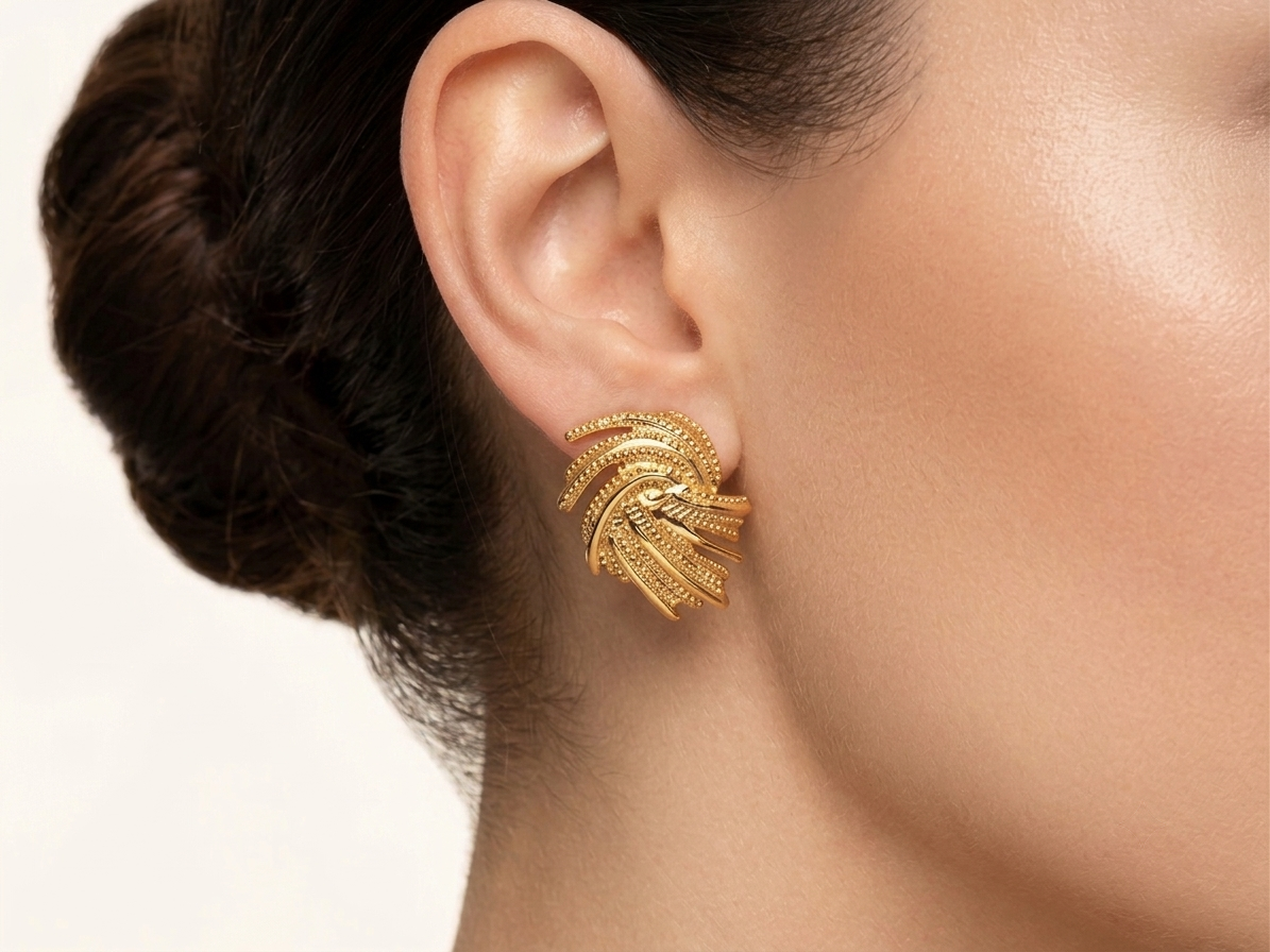 Textured Feather Gold Stud Earring