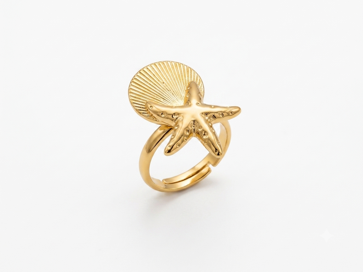 Starfish and Shell Adjustable Gold Ring