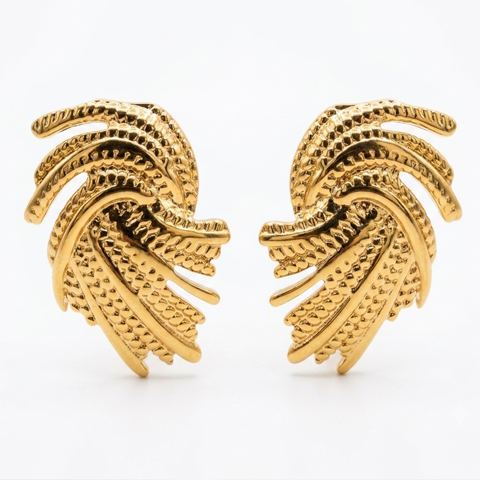 Textured Feather Gold Stud Earring